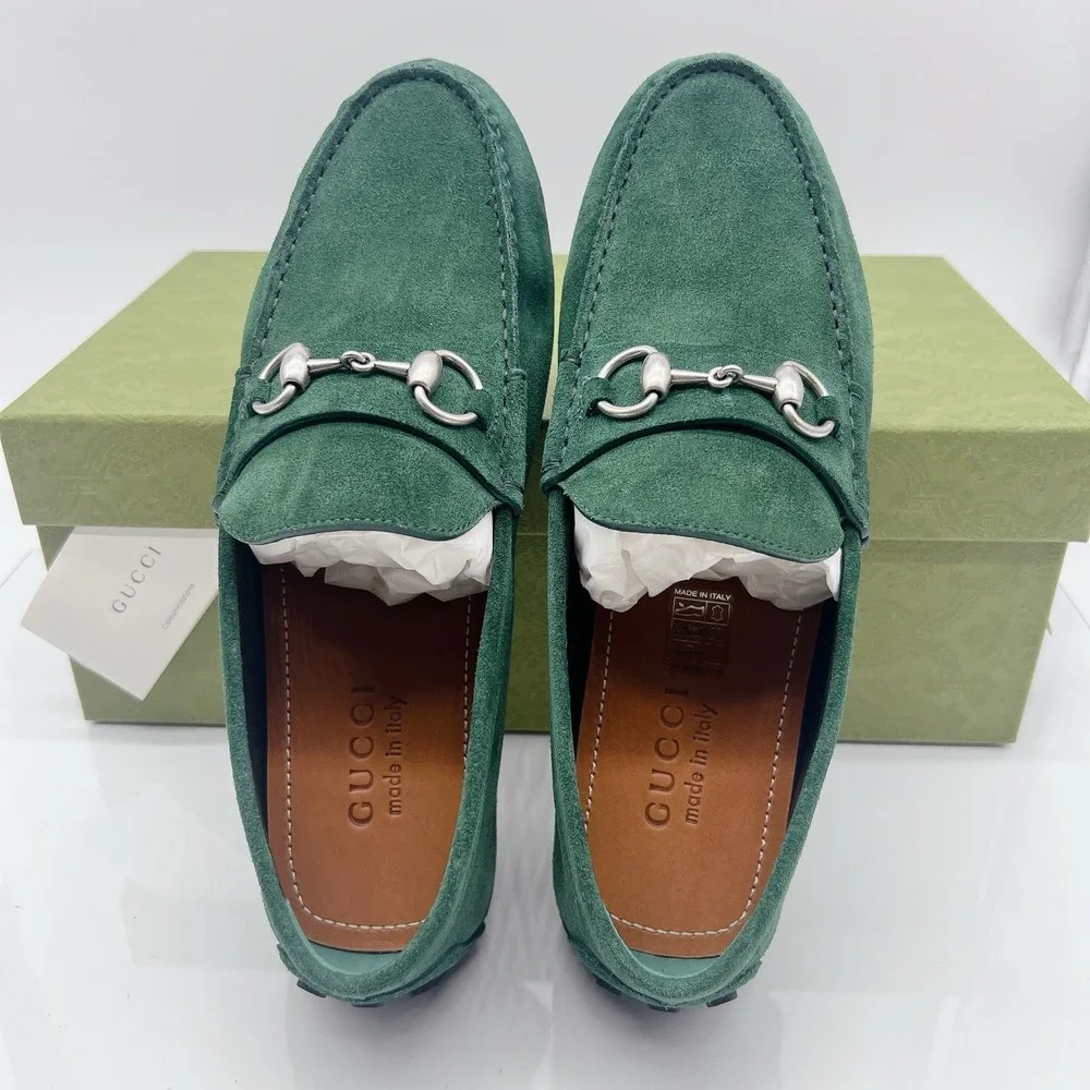 Gucci Men's Driver Loafers Moccasin GG Horsebit Vintage Green Suede UK 9 US 9.5